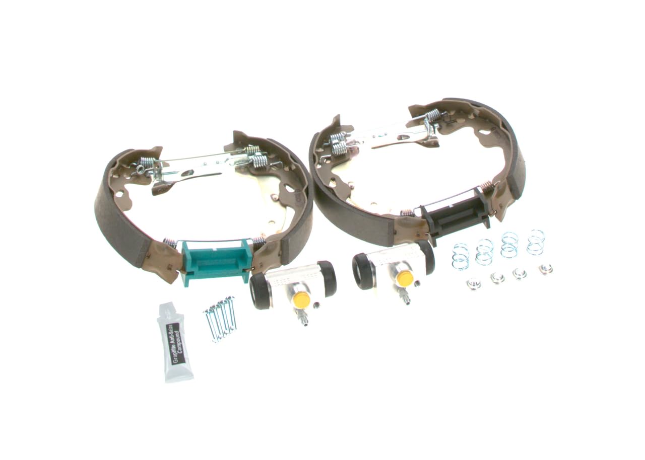 BOSCH Kit ganasce freno 0204114151 | Kit freno a tamburo posteriore - 1 set preassemblato, 2 cilindri freno a ruota, 4 ganasce freno