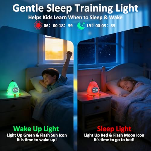 Image of Pear Alarm Clock with Night Light for Kids with Sleep Training Light and White Noise, Rechargeable Silicone Lamp OK to Wake Clock,Cute Tabletop Clock, Perfect Sleep Companion for Boys Girls