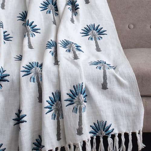 Image of Hand Block Printed 100% Cotton Soft Lightweight Sofa Throw with Tassels - Blue Palm Tree Design Decorative Couch Throws for Living Room, Bed & Travel (White, 50x70 Inches)