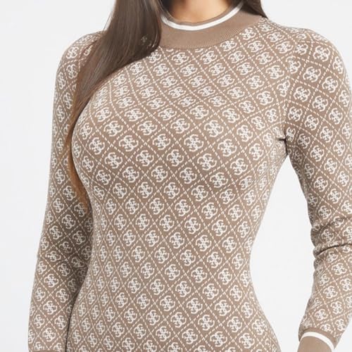 Image of GUESS Women Brown Printed Round Neck Full Sleeves Sweater Dress