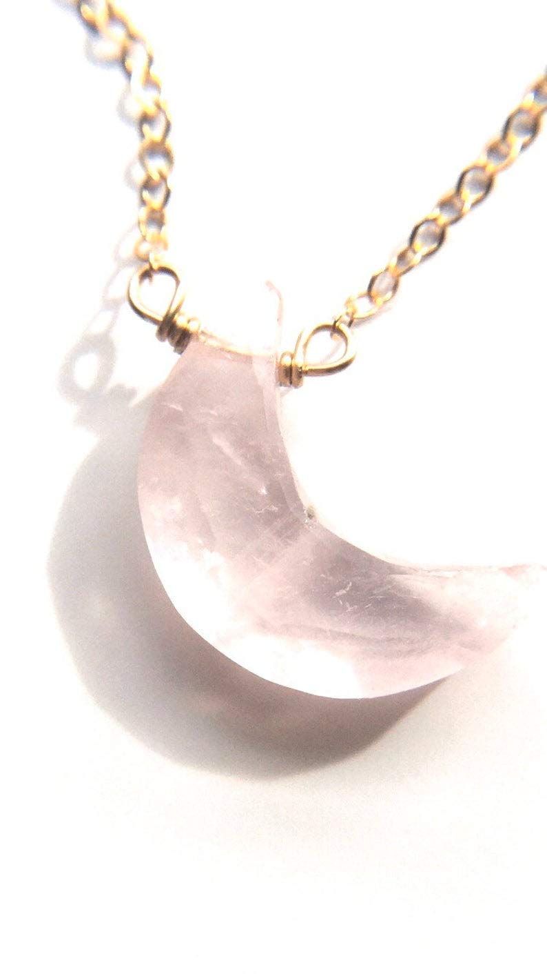 Rose Quartz Crystal Necklace, Rose Quartz Crescent Moon Necklace, Rose Quartz Necklace with Gold Chain, Rose Quartz Necklace For Women, Girls, Teens, Genuine Rose Quartz