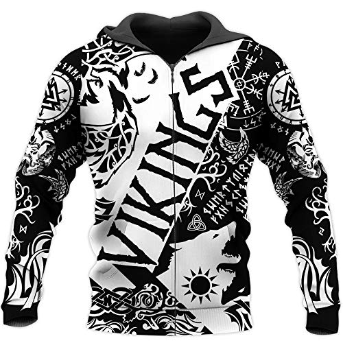 WLXW Sudadera con Capucha Vikinga para Hombre, Sudadera Estampada en 3D con Tatuaje Vintage Odin, Brújula/Árbol de la Vida, Abrigo de Moda de Otoño Harajuku Street Hip Hop,Hoodie Zip,XXL
