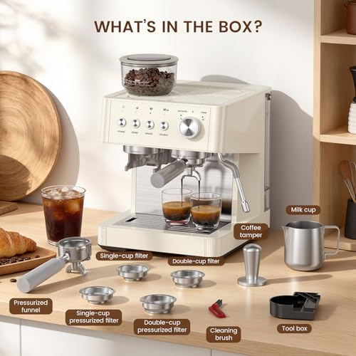 Image of Kismile 20-Bar Espresso Machine with Grinder, Automatic Coffee Maker Combo, Removable 77.8oz Water Tank, Milk Frothing Steam Wand for Latte & Cappuccino, Hot Water Dispenser for Americano, White