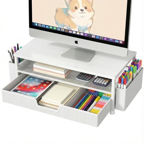 ECOLOVI Desk Organizer and Accessories 2-Tier Computer Monitor Stand Rise with Storage Drawer & 2 Pen Holders Laptop & Printer Stand for Desktop Workspace Organizers for Office Supplies (White)