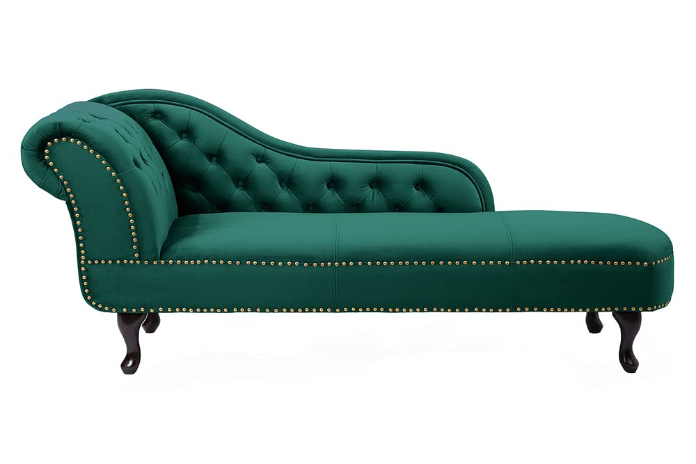 Recamiere CHESTERFIELD - 170cm - smaragdgrün - Samt Knopfheftung Design | Armlehne, Rundumbezug, Nietenbesatz, Nosagfederung, Wellenfederung, hoher Komfort, angenehme Haptik, Eyecatcher