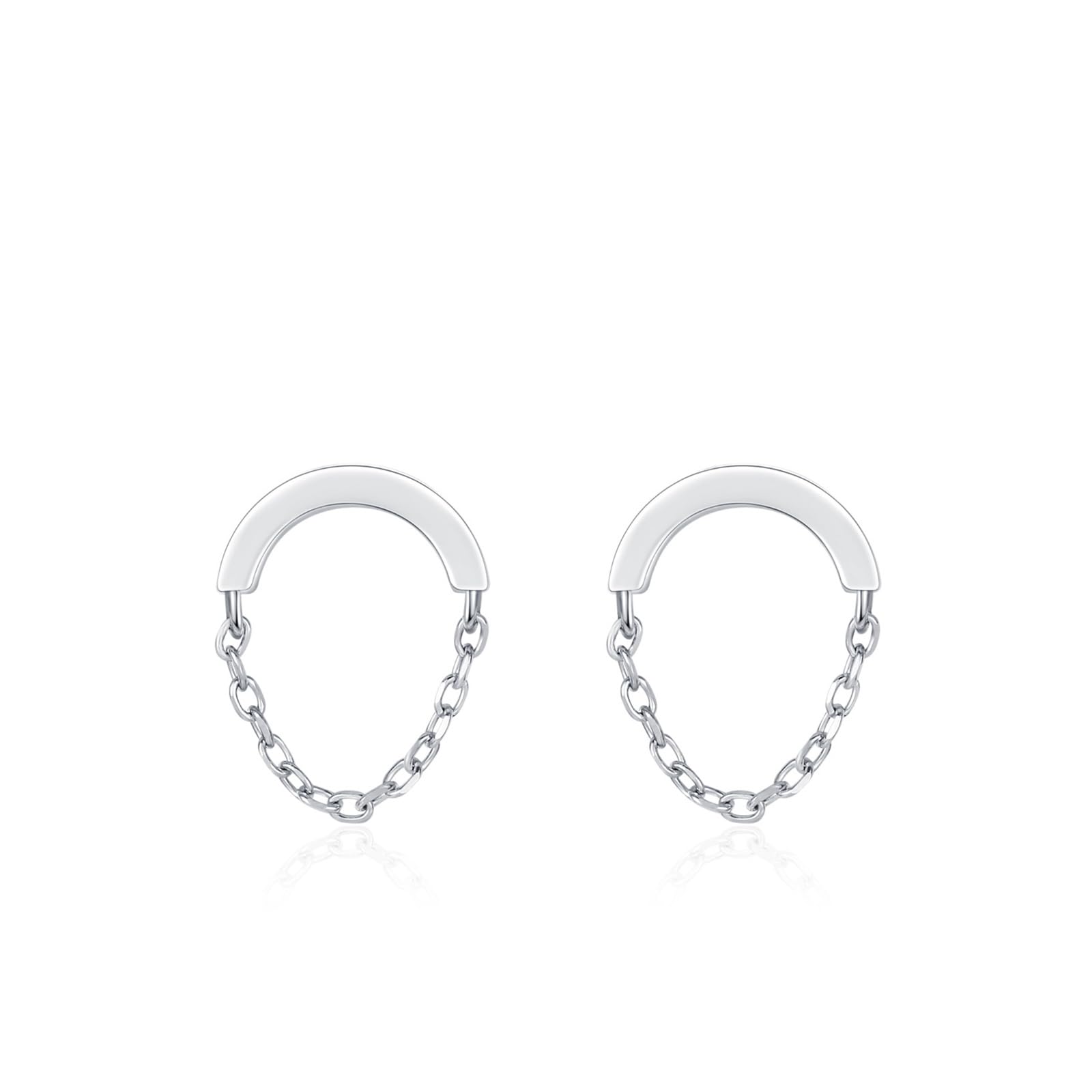 Pendientes de tuerca de oro blanco de 18 quilates para mujer, arcos con cadena, AU750