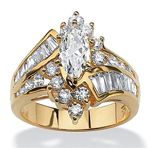 FZO 18K WhiteYellow Gold Plated Luxury Marquise Cut Cubic Zirconia Step Top CZ Diamond Eternity Engagement Wedding Band Promise Ring Cocktail Party Ring for Women ST.197 (Yellow Gold, 7)