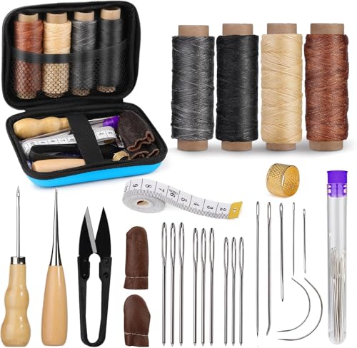 Image of Leather Sewing Kit, Leather Stitching Kit with Sewing Awl, Needles, Waxed Thread, Upholstery Repair Kit, Heavy Duty Sewing Tools for Hand Stitching Car Seats, Sofa, Carpets, Shoes, DIY Craft