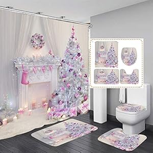 ANPOTop Christmas Pink Snow Bathroom Set Waterproof 72”x72” Shower Curtains Non-Slip Rug Set Pedestal Rug Lid Toilet Cover Bath Mat Bathroom Decor