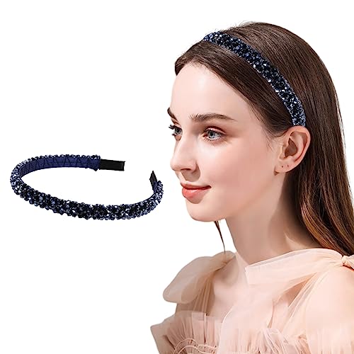 KERTFGOKU Cinta para el pelo con perlas brillantes, banda ancha para el pelo, brillantes y cristales, para niñas, para cumpleaños, fiestas, vacaciones (azul marino)