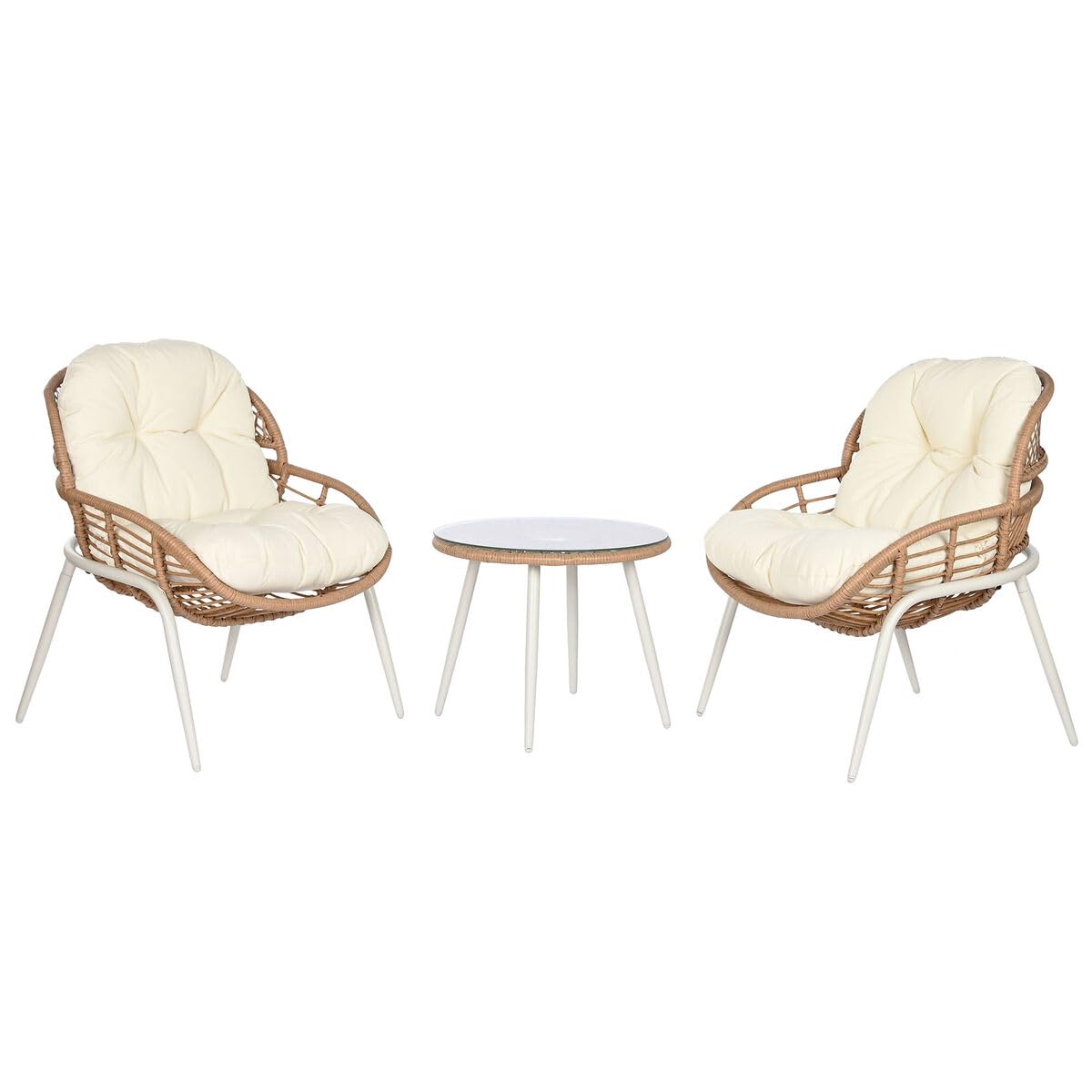 Conjunto de Mesa con 2 Sillones Blanco Beige Gris Metal Cristal ratán sintético 55 x 55 x 47 cm
