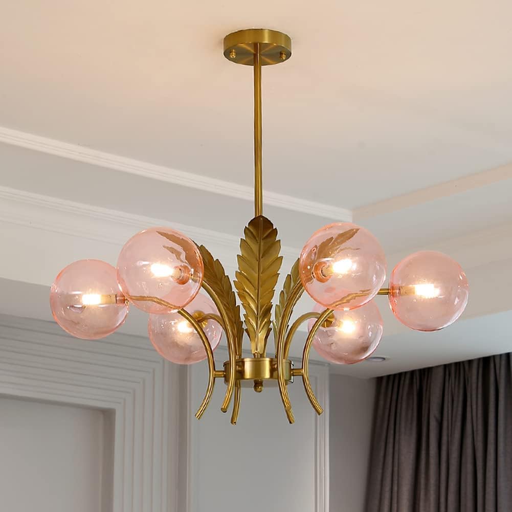 Żyrandol z 6 lampami z różowego szkła bąbelkowego Marshmallow, złoty żyrandol ze szkła mlecznego Sputnik do jadalni, Vintage szara kula wisząca lampa wisząca z liśćmi