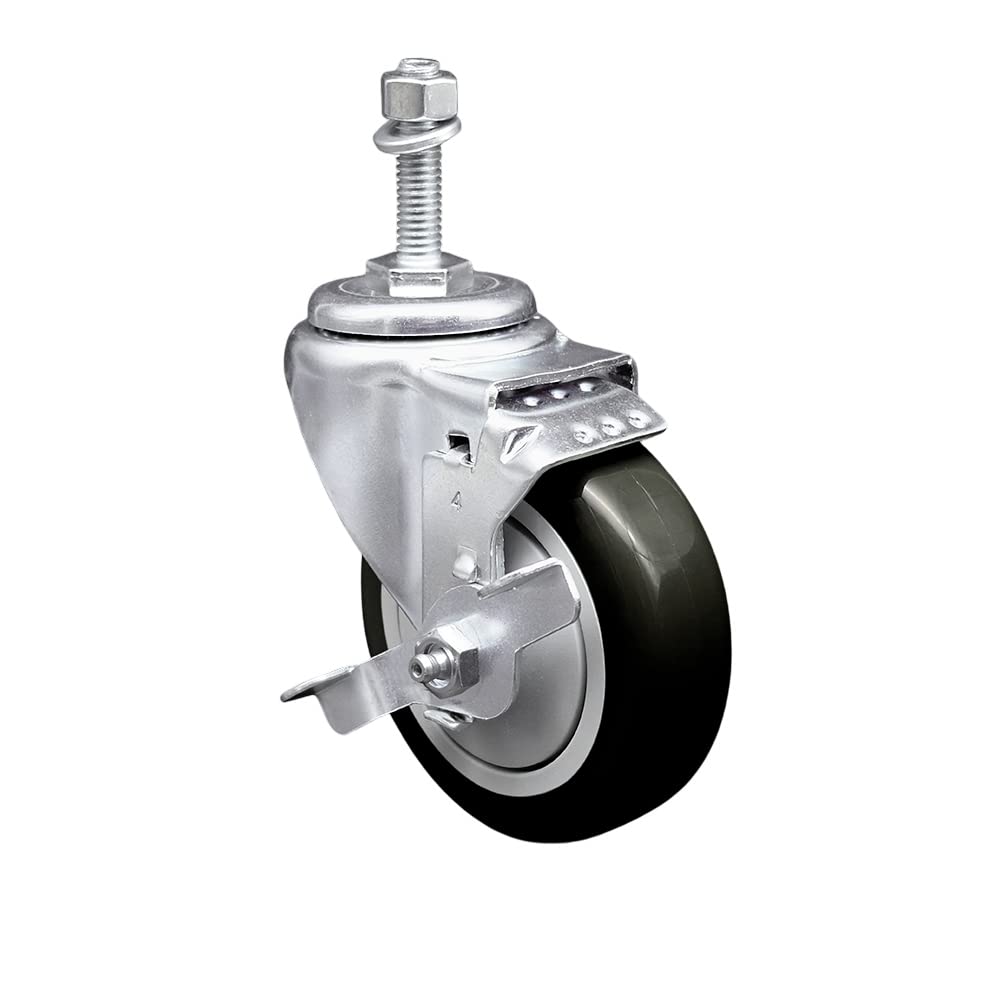 Polyurethane Swivel Threaded Stem Caster w/4" x 1.25" Black Wheel and 3/8" Stem & Top Locking Brake - 350 lbs Capacity/Caster - Service Caster Brand