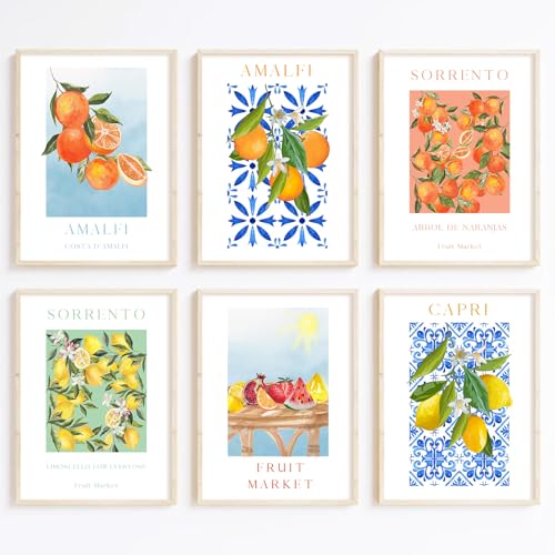 Fruit Wall Art Kitchen Artwork Wall Decor Fruit Market Prints Poster Colorful Lemon Canvas Wall Art Vintage Pictures Lemon Orange Prints Set of 6 for Room Bedroom 8x10 Inch Unframed