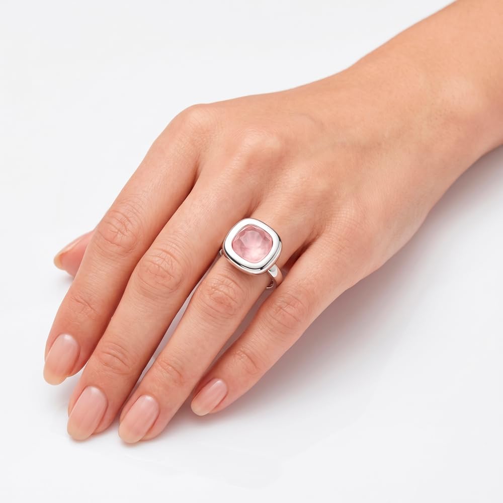 Passo Anillo plata mujer con piedra tallada en color rosa - Anillo solitario mujer ajustable, ideal para las tallas más comunes - Se envía en una cajita de regalo