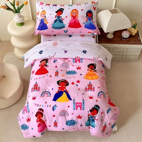 Image of 4 Piece Princess Toddler Bedding Sets for Girls,Pink Princess Comforter Sets,Ultra Soft Toddler Bed Set Includes Comforter, Flat Sheet, Fitted Sheet,Pillowcase