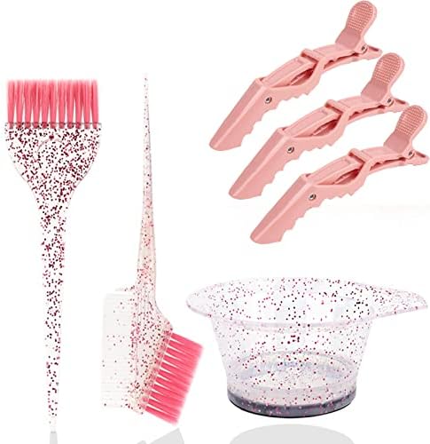 Nylahr 6 Pcs Hair Dye Coloring Kit, Hair Coloring Dyeing Bleaching DIY Salon Tool,Hair Dye Color Brush and Bowl Set,Mixing Bowl, Brush, Hair Clips (Pink)