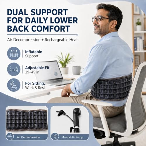 Image of Heated Lumbar Decompression Belt with Manual Air Pump, Vibration Massage & Red Light Heat, Inflatable Lower Back Support Brace, Adjustable Waist 29-49 Inch (Blue With Heat)