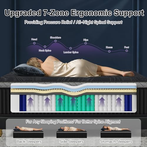 Image of 16 Inch Queen Size Mattress, Upgraded Luxury Hybrid Queen Mattress In A Box with 7-Zone Support for Cool Night & Pressure Relief, Motion Isolation, Designed in the USA, 365-Night Trial, Medium Firm