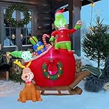 Bowtus 6 FT Inflatable Christmas Decorations - Green Monster & Dog Max on Sleigh with LED Lights