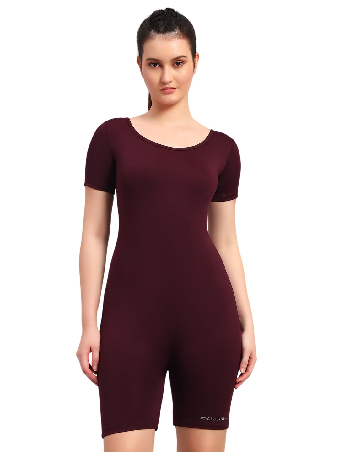 clothwik Women Solid Basic Jumpsuit Playsuit | Nylon Round Neck Half Sleeve Fitted Activewear One Piece | Lightweight Gym Training Casual Wear Jumpsuit for Women Comfortable Pull-On Fit-picture-18