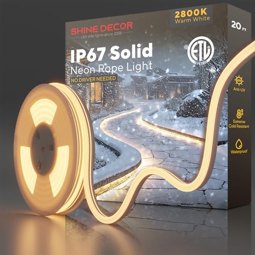 Shine Decor Outdoor LED Neon Rope Light, IP67 Waterproof Solid Silicone Enclosed Lighting Strip, ETL Listed Durable for -40F Extreme Cold Weatherproof, 120V No Driver Plug&Play 20ft 2800K Warm White