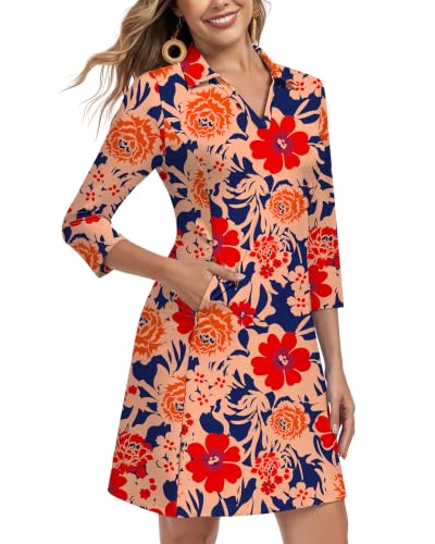 Image of WOWENY 3 /4 Sleeve Dress for Women with Pockets V Neck UPF 50+ Casual Sun Dress Breathable Quick Dry Beach Vacation