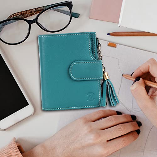 Image of Zeetap Wrist Wallet for Women, Genuine Leather Beautiful Ladies Purse - RFID Protected Tri-Fold Leather Wallet with 12 Card Slots, Note Compartments, SIM /SD Card Slots and Coin Pocket (Tempo Teal)