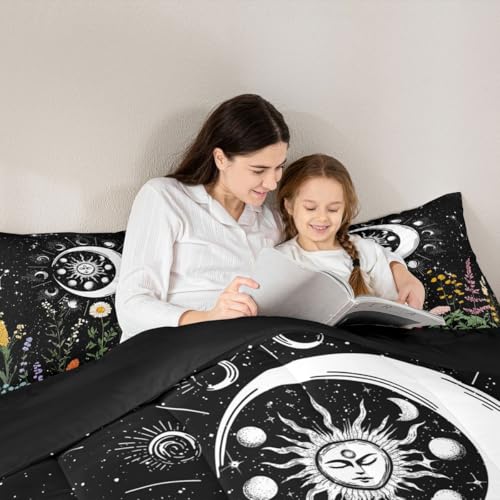 Image of Feelyou Sun and Moon Bedding Set Full Size Constellations Comforter Set for Kids Boys Girls Galaxy Astrology Branches Plants Comforter Black and White Quilt Set with 2 Pillowcases