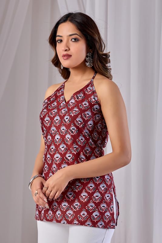 Image of 2STORY Women Halter Neck Top Backless Tunic Short Kurti Sleeveless Printed Stylish Western Ethnic Summer Casual Lightweight Fashion Wear