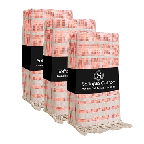Image of Matrix Dobby Kitchen Towels 12 Pack 100% Cotton, 16x26 Inches, Decorative Tea Towels with Handmade Tassels, Absorbent, Reusable Dish Cloths for Drying Dishes - Bright Orange, Natural