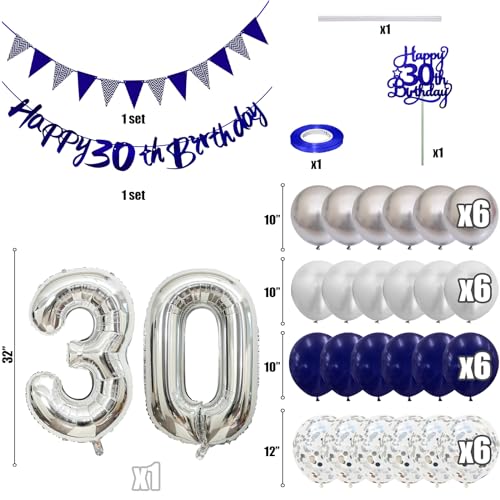 Image of 30th Birthday Decorations for Women Men, Happy 30th Birthday Banner with Blue Silver 30th Balloons Cake Topper Number 30 Foil Balloon for 30 Year Old Party Decoration