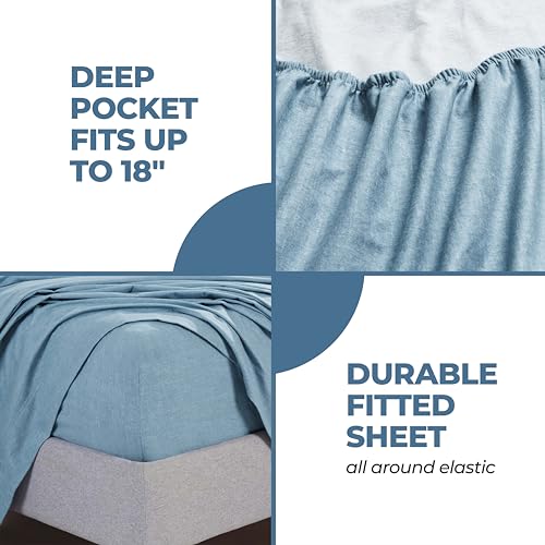 Image of Superior Melange Flannel Cotton Sheet Set, Ultra-Soft Textured Sheets, Modern, Farmhouse Bedding, Basics, Includes; Flat Sheet, Elastic Deep Pocket Fitted Sheet, Pillowcases, King, Blue