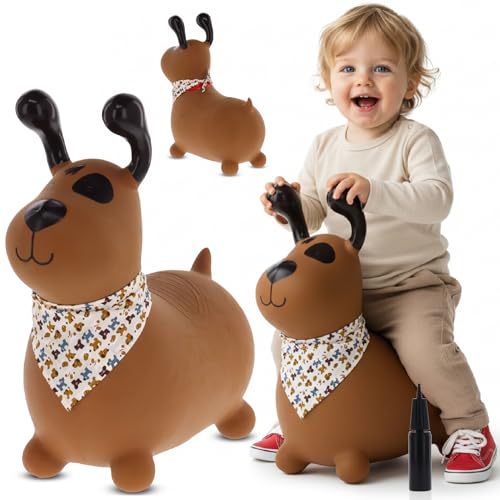 sun baby Hüpftiere ab 1 Jahr mit Pumpe aufblasbares Hüpfspielzeug aus Hochwertigem und Strapazierfähigem Gummi, Verschiedene Designs (Brauner Hund mit Bandana)