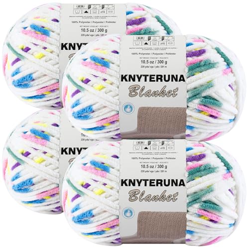Image of #6 Super Bulky Blanket Yarn for Crocheting - 4 Skeins(Each 10.5oz /300g, 220yds /201m), Chunky Chenille Thick Plush Big Soft Yarn for Crocheting Knitting Blankets, Rainbow & White