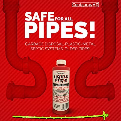 Liquid Fire Drain Opener, Cleans Drain Pipes in Sinks, Tubs, Shower Stalls, Septic Tanks and Laterals- Clog Remover, Drain Cleaner, Toilet Clog Remover- 32 Oz with Centaurus AZ Drain Snake