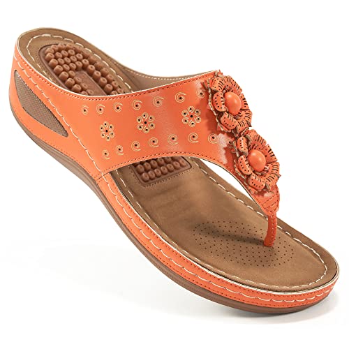 Image of Ecetana Womens Wedge Flip Flops: Orthopedic Cushion Non Slip Sandals - Comfortable Walking for All Day - Stylish Flower Adjustable Thong Sandals for Summer Casual Outing