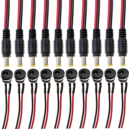 RUNCCI YUN 10PCS 18AWG 12V 5A 5,5mm x 2,1mm DC Connector Macho Hembra,DC Power Jack Socket,Montaje En Panel DC Conector 5,5mm x 2,1mm+10PCS DC Power Pigtail Cable,para Equipos Electrónicos