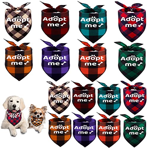 Patelai 16 Pcs 2 Size Adopt Me Dog Bandanas Bulk Plaid Reversible Triangle Bibs Printing Pet Scarf Bibs Adoption Event Celebration Accessories for Christmas Small Medium Large Shelter Animals