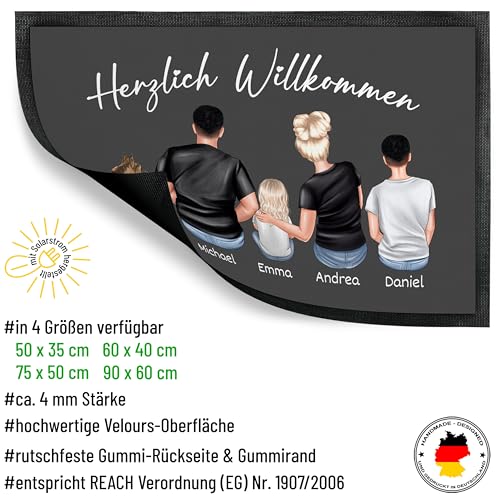 True Statements Fußmatte „Familie“ - personalisiert mit Figuren Namen Hund Katze - Familien Türmatte Fußabtretter Geschenk Einzug Neue Wohnung Schmutzfangmatte – dünn rutschfest, 50 x 35 cm