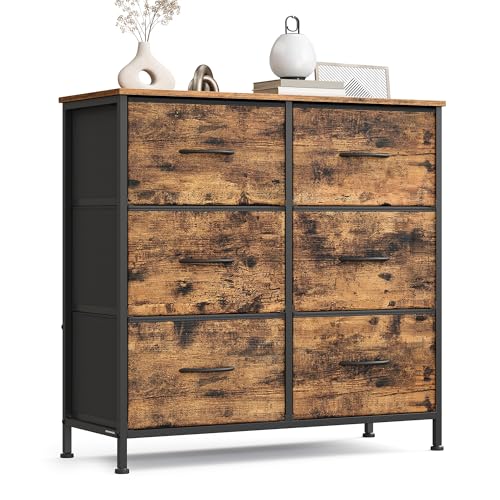 SONGMICS Cómoda, 6 Cajones, Estructura de Acero | Moderno, para Dormitorio, Armario, Pasillo, Salón, Negro Tinta y Marrón Rústico, BELLAH Colección LGS123BH04