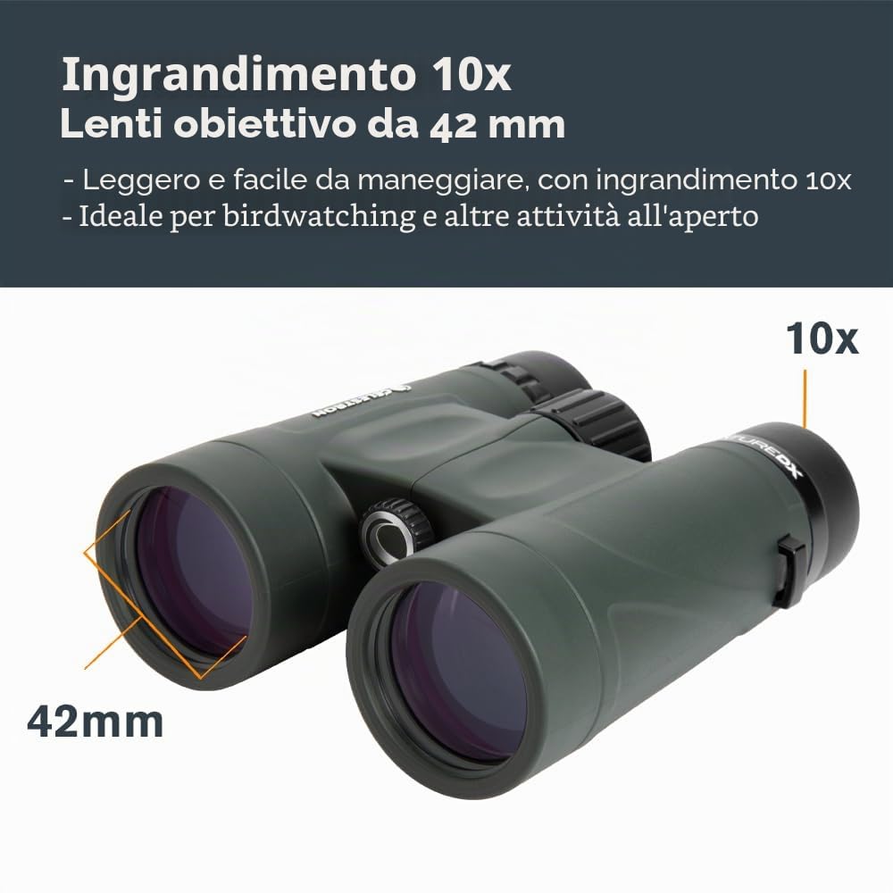 Celestron 71333 Binocolo Nature DX 10x42 mm con obiettivo multistrato, vetro a prisma BaK-4 e custodia per il trasporto, verde