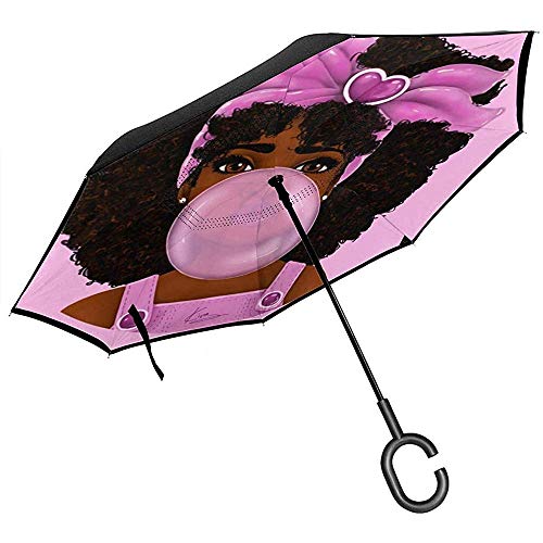 Preisvergleich Produktbild Little Yi Gelocktes Haar-schwarzes Mädchen-Schlagblase Gumautomatic offener Regenschirm umgekehrter Taschenschirm-regensicheres Auto im Freien