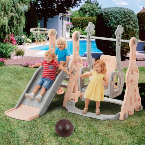 Tobogán infantil 4 en 1, tobogán para bebé con cesta de baloncesto, mecedora, columpio, tobogán interior y exterior infantil tobogán para niños pequeños (A, 140x118x82)