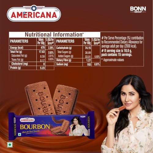 Image of Americana Premium Bourbon Chocolate Sandwich Biscuits, 150g x 8Packets - Rich Creamy Filling, Crispy Cocoa Biscuits, Vegetarian Tea Time Snack Pack Of 8