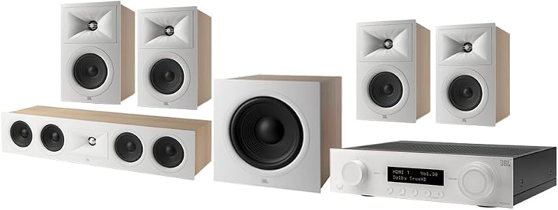 JBL Stage 5.1 Sistema de cine en casa con subwoofer de 10 pulgadas y receptor de 75 vatios/canal (blanco)