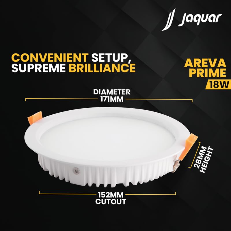 Image of Jaquar 18W Areva Prime Round Downlight with Aluminum housing | 5 Year Warranty | Natural White (4000k) Sleek Backlit Design | Recessed Mounted False Ceiling | 152 mm Cutout |171x28 mm (Pack 1)
