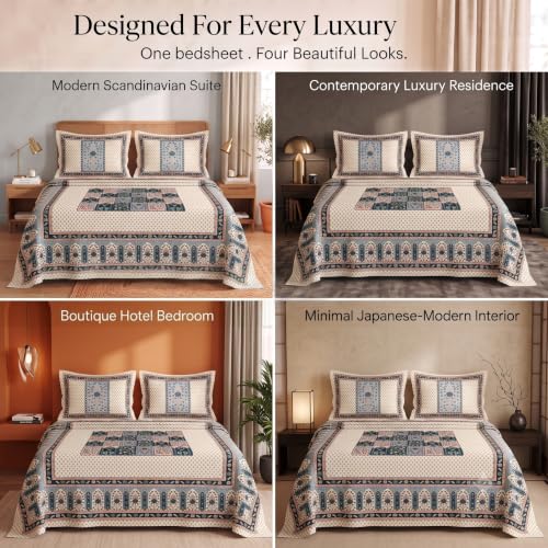 Image of BSB HOME 240 TC Cotton Feel Double Bedsheet with 2 Pillow Covers, Premium Soft Breathable Bed Sheet Set, Fade Resistant, All-Season, Easy Care, 90 x 100 Inches (228 x 254 cm) - Indigo & Warm White