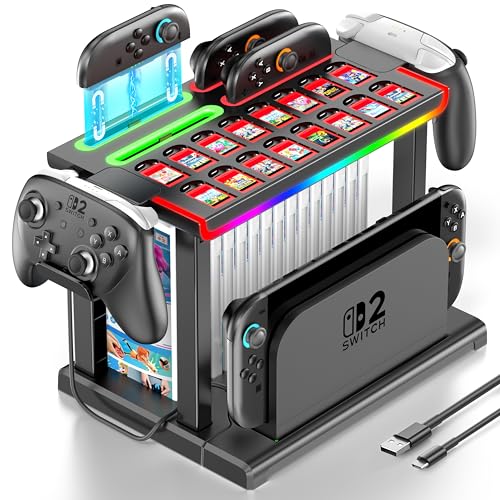Switch 2 RGB Organizer Station with Controller Charging Dock, Switch 2 Storage Stand, Joycon 2 Charger, Gaming Accessories Holds TV Dock, 16 Game Cases, 16 Game Cards and 2 Pro Controllers
