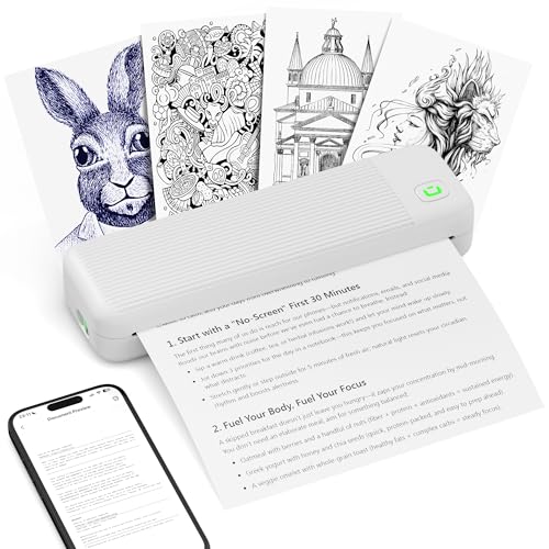 Imprimante Thermique Portable A4 - Imprimante Bluetooth pour Papier Thermique 216/210/110/80/53mm, Imprimantes Sans Encre Compatible avec IOS/Android et Mac/Windows, pour Utilisation Portable (Blanc)